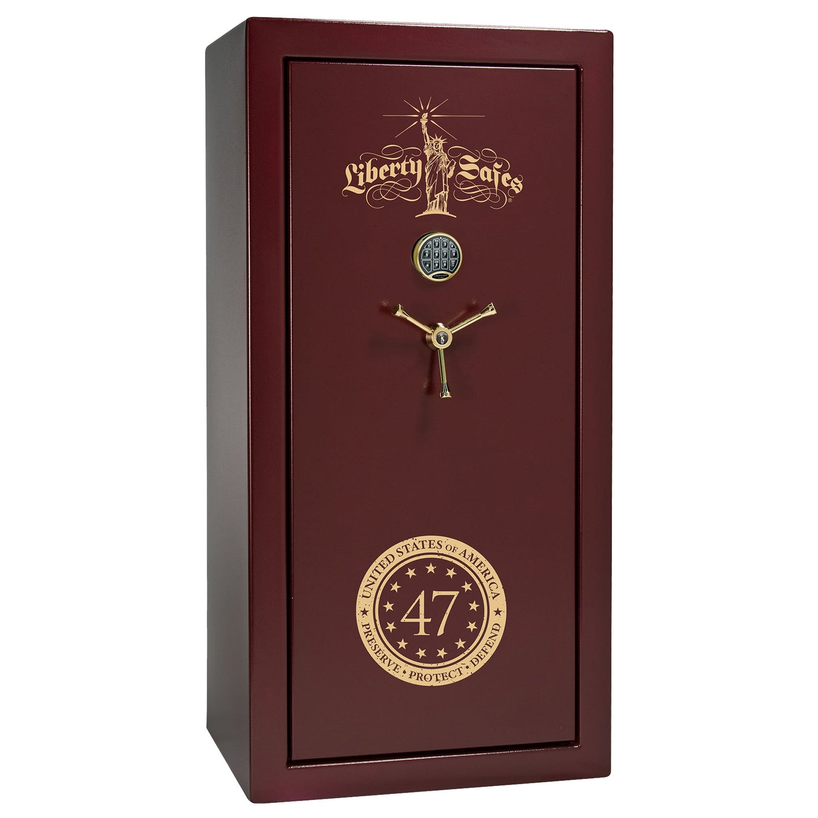 Liberty 47 Limited Edition Safe - USA 30 | Level 3 Security | 60 Minute Fire Rating | Dimensions: 60.5"(H) x 30"(W) x 22"(D) | Burgundy Marble with Gold Commemorative Logo | Electronic Lock – Closed Door