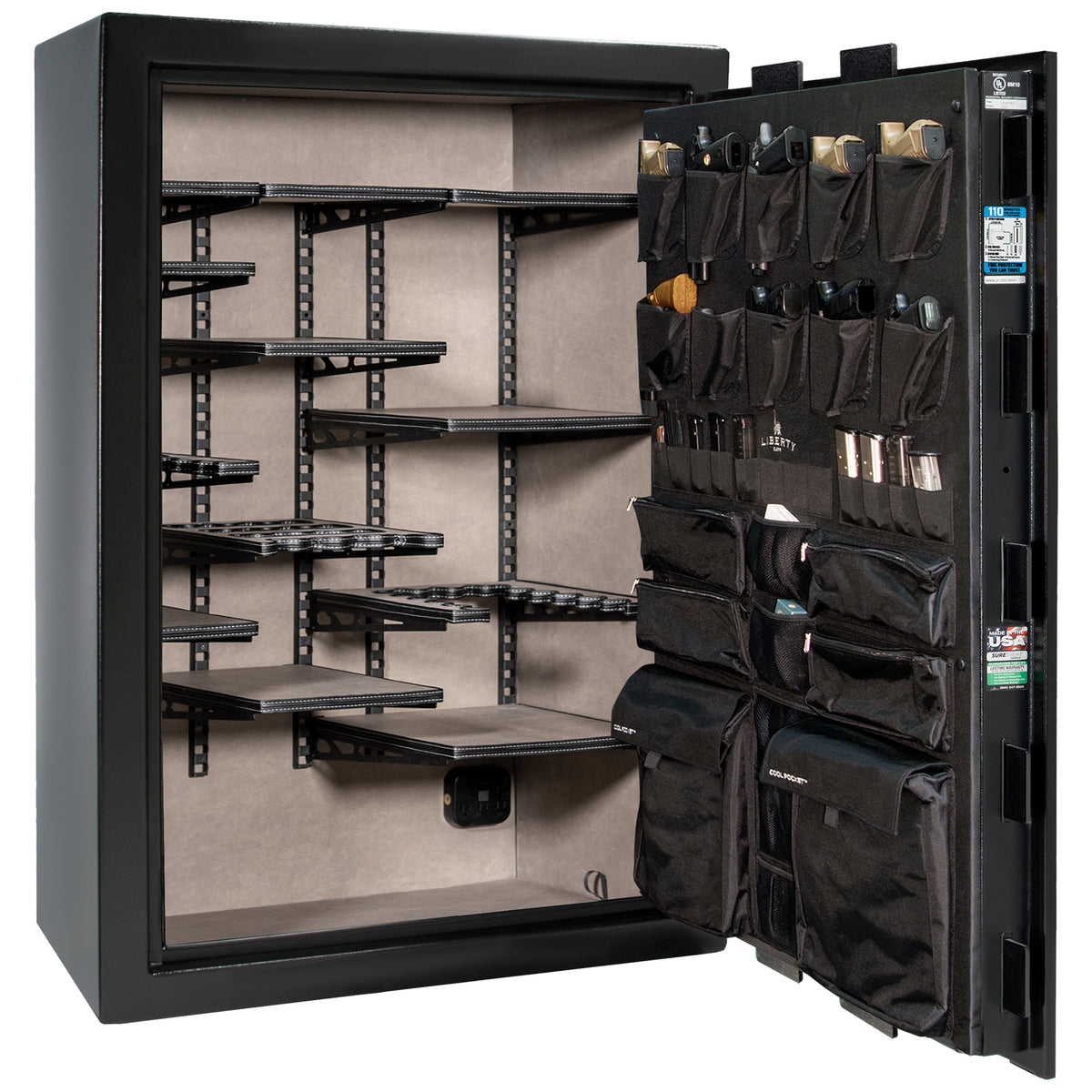 Franklin 45 | Pro Flex Interior | Level 5 Security | 110 Minute Fire Protection | Dimensions: 60.5"(H) x 42"(W) x 27.5"(D) | Up to 60 Long Guns | Black Gloss | Electronic Lock - Open