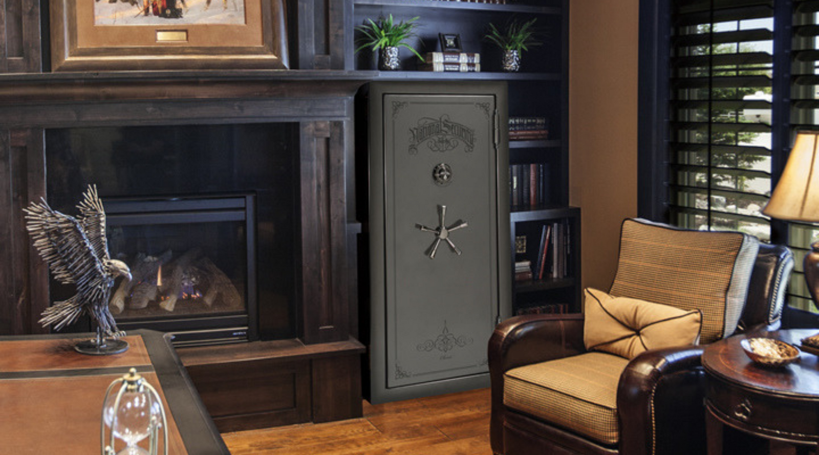 safe near fireplace in living room