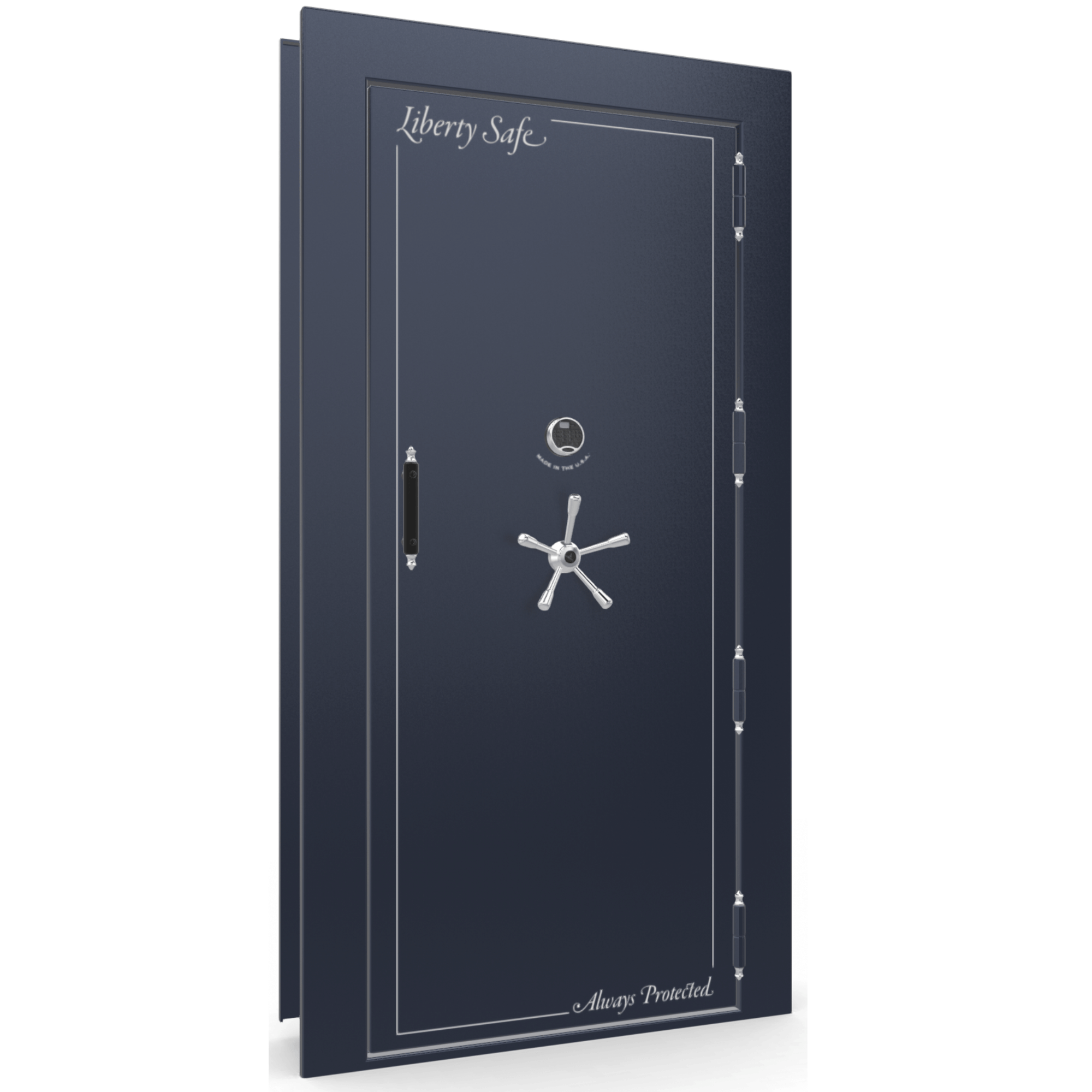 Vault Door Right Outswing | Blue Gloss | Chrome Electronic Lock | 81-85"(H) x 27-42"(W) x 7-10"(D)